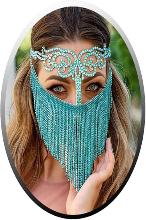 🧡Fashion Match: The Turquiose face mask Is Classic And Elegant. This Crystal Face Mask Can Be Paired With Your Outfit To Make You Even More Dazzling.................. Face Chain Jewelry, Jewelry With Crystals, Dancer Legs, Face Chain, Dancer Necklace, Chain Headpiece, Wedding Hair Jewelry, Face Jewellery, Head Chain