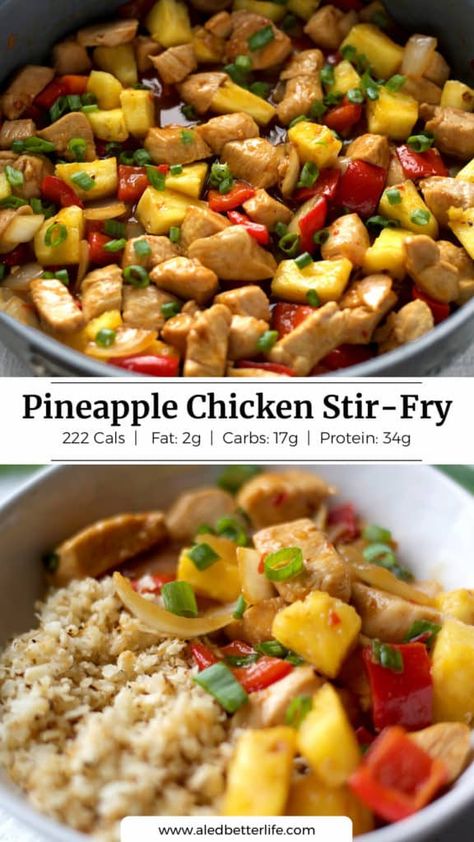 Macro Stir Fry, Low Calorie Pineapple Chicken, Macro Friendly Stir Fry, Thai Pineapple Chicken, Sweet Chili Pineapple Chicken, Chicken And Pineapple Stir Fry, Julie Ledbetter Recipes, Chicken Pineapple Stir Fry, Macro Cycling