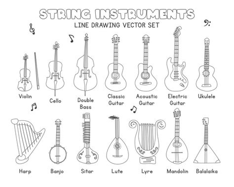 Guitar Line Art, Instrument Drawing, Outline Cartoon, Musical Instruments Drawing, Illustration Outline, Violin Cello, Cartoon Sketch, Drawing Vector, Double Bass