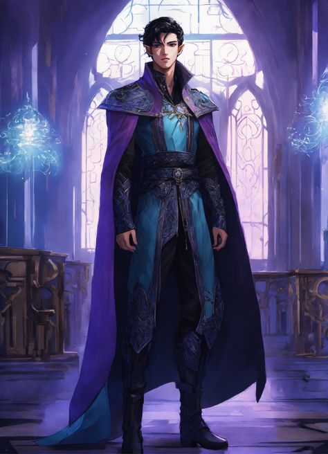 Lexica - Drawing of a high elf, royalty, futuristic, purple coat, light blue shirt, black pants, black boots, male, handsome, black hair, 23 years ol... Black Pants Black Boots, Elf Royalty, Fantasy Fashion Male, Blue Shirt Black Pants, Futuristic Purple, Blue Purple Hair, Light Blue Shirt, Purple Coat, High Elf