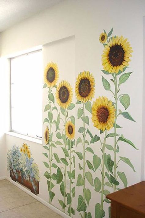 Apartment Party, Sunflower Room, Apartment Things, Apt Decor, Garden Mural, Flower Mural, Bedroom Murals, Fence Art, Wall Murals Painted