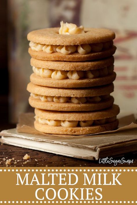 MALTED MILK COOKIE CREAMS These treats have classic malt biscuit flavours combined with the stability & snap of sugar cookies. They are very versatile and can be filled with malted milk buttercream #maltedmilkbiscuit #maltedmilkcookies #maltedmilks #maltedmilkrecipe #sandwichcookie Malted Milk Biscuits, Milk Biscuits, Homemade Strawberry Sauce, British Recipes, Mocha Mousse, Milk Dessert, Tasty Desserts, Malted Milk, Flavored Milk