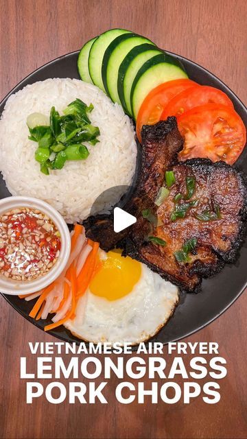 Mimi | Recipes, Travel, & Austin Food on Instagram: "Vietnamese lemongrass pork chops (sườn nướng) in the air fryer!  These pork chops are super flavorful & can be served so many different ways! Make rice plates, vermicelli bowls, or salad, top with fresh veggies, pickled carrots & daikon, sunny side up egg, & finish it off with *lots* of fish sauce (nước chấm)! 😙🤌  INGREDIENTS: 4 (~1.5 lb) pork chops, bone-in 1 tbs fish sauce 2 tbs oyster sauce 1 tbs soy sauce 4 cloves garlic, minced 1 shallot, diced 3 tbs lemongrass, minced 2 tbs vegetable oil 1 tbs honey 1 tbs sugar  DIRECTIONS: 1. Pound the pork chops to tenderize. 2. Cut slits on pork to prevent it from curling. 3. Combine ingredients for the marinade. 4. Marinate pork for an hour or overnight. 5. Air fry pork chops at 400°F for ~12 Lemon Grass Pork Chops, Fry Pork Chops, Vietnamese Lemongrass Pork, Lemongrass Pork Chops, Vietnamese Pork Chops, Air Fry Pork Chops, Lemongrass Pork, Vietnamese Pork, Pickled Carrots