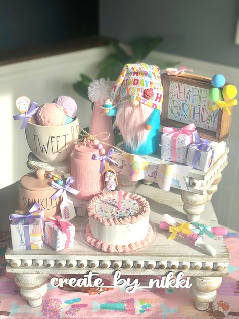 Homemade Mugs, Birthday Tiered Tray, Faux Cake, Candy Decor, Fake Food Props, Cake Mini, Tiered Tray Diy, Marshmallow Pops, Candy Theme