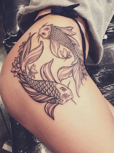 Fish Tattoos For Women, Fish Tattoo Ideas, Coy Fish Tattoos, Small Fish Tattoos, Coy Fish, Hip Thigh Tattoos, Ankle Tattoo Designs, Tattoos For Girls, Pisces Tattoos