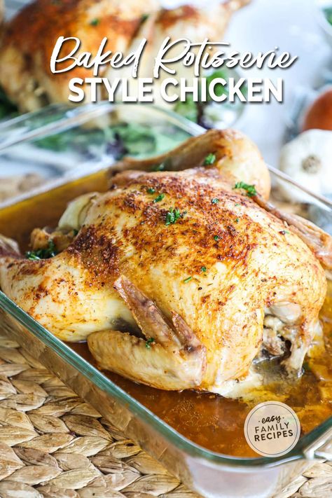 BEST chicken dinner idea! This homemade rotisserie chicken recipe is made with simple ingredients in your home oven! I LOVE making this rotisserie chicken in the oven for my family. A low and slow cooking technique, 3 easy ingredients, plus a super simple rotisserie chicken seasoning blend to recreate the flavor and juiciness of a store bought chicken right at home. This is a chicken dinner recipe for your family that can last all week! This chicken dinner idea makes the best leftovers. Best Baked Whole Chicken, Rotisserie Chicken In The Oven, Homemade Rotisserie Chicken, Baked Whole Chicken, Easy Delicious Chicken Recipes, Rotisserie Chicken Seasoning, Mix Vegetable Recipe, Whole Baked Chicken, Rotisserie Chicken Recipe