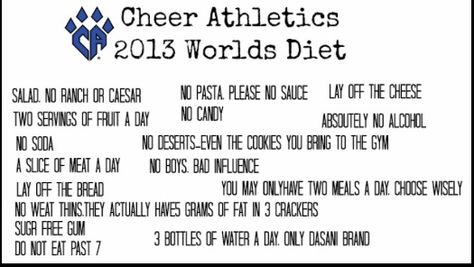 2 meals a day doesn't seem right.. Should be 5 small meals- like well balanced snacks... Cheerleader Diet, Cheer Diet, Cheer Stretches, Cheer Hacks, Cheer Makeup, Cheer Workouts, Cheer Athletics, Cheerleading Pictures, Cheer Hair