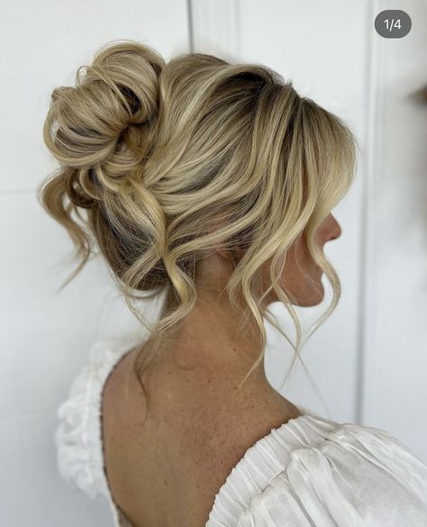 Clean Updos For Long Hair, Half Up Messy Bun Wedding Hair, Partial Updo Wedding Hair, High Bun Updo Wedding Bridesmaid, Bridal Hair Updo Blonde, Maid Of Honor Hairstyles Ponytail, Boho Hairstyles With Bangs, High Updo Bridesmaid, Blonde Bridal Hair Updo