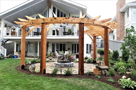 Circular Pergola, Circular Garden, Circular Patio, Cedar Furniture, Cedar Garden, Hot Tub Backyard, Cedar Planters, Hardwood Furniture, Patio And Garden