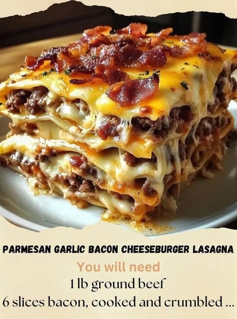 Weight Watchers Recipes For Beginners | Parmesan Garlic Bacon Cheeseburger Lasagna | Facebook Cheeseburger Lasagna Recipe, Cheeseburger Lasagna, Cottagecore Recipes, Heavenly Recipes, Lasagna Ingredients, Lasagna Noodles, Homemade Cooking, Bacon Cheeseburger, Tasty Pasta