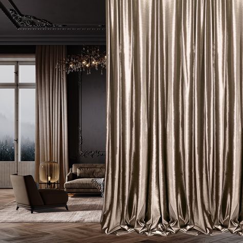 "Luxurious shiny curtains for your interior. I make these curtains exactly to the dimensions of your cornice. This fabric looks best in a proportion 2-2.5 times wider than the width of the cornice. Take this into account when calculating the total width of the curtains. To add blackout lining - https://etsy.me/3jRHcmm More curtains here - https://etsy.me/3sUOesf DETAILS: *Width: 1 panel 39\" 2 panels 39\" each 2 panels 49\" each 2 panels 59\" each 2 panels 69\" each 2 panels 79\" each 2 panels 89\" each 2 panels 99\" each 2 panels 109\" each *Lenght: From 60' to 106\". *Materials: velvet, 360 g/m2. BLACKOUT RATE: 60%. *Made to order. *Free shipping worldwide. *Please be aware that when you receive your package, your country may charge taxes on the order. Buyers are responsible for any cust Golden Curtains Living Rooms, Luxurious Bedrooms Classy, Lux Curtains, Velvet Drapes Living Room, Luxury Curtains Bedroom, Beige Velvet Curtains, Gold Velvet Curtains, Tuscan Curtains, Expensive Curtains