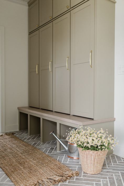 Transitional Mudroom Ideas, Sage Mudroom Cabinets, Greige Mudroom Cabinets, Studio Mcgee Mudroom Lockers, Cubby Paint Ideas, Greige Mudroom, Sage Mudroom, Small Mudroom Lockers, Organic Modern Mudroom