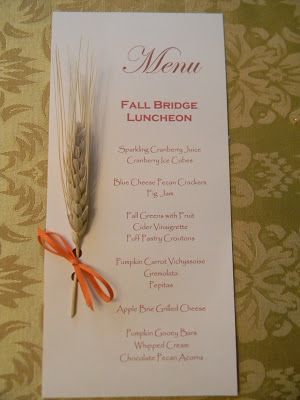 Menu Card: A Toile Tale: Bridge Buddies' Fall Luncheon Fall Luncheon Ideas Food, Fall Luncheon Menu Ideas Ladies, Fall Luncheon Menu Ideas, Ladies Luncheon Menu Ideas, Group Lunch, Bridal Brunch Food, Luncheon Menu, Bridesmaids Luncheon, Christmas Luncheon