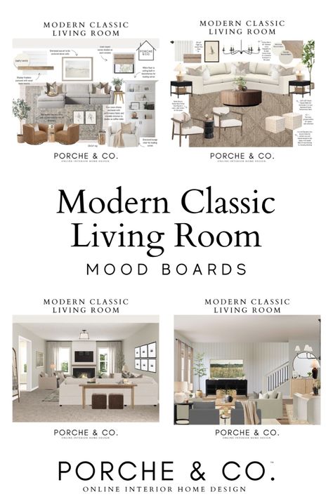 Take a peek at modern classic living room designs from Porche & Co! These beautiful mood boards offer plenty of inspiration for creating a cozy yet stylish living room. Discover how texture and warm tones bring these functional spaces to life. Whether you're redecorating or starting from scratch, these ideas will inspire you. Head to the blog for more living room decor ideas and interior design mood boards. Modern Classic Decor, Decorating Styles Examples, Warm Transitional Living Room, Interior Design Mood Board Inspiration, Modern Living Room Mood Board, Living Room Designs Transitional, Modern Classic Living Room Design, Transitional Style Interior Design, Living Room Mood Board