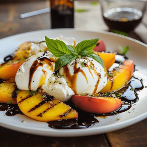 Burrata And Peaches Appetizer, Peaches And Burrata Recipe, Burrata With Peaches, Peach And Cheese Appetizer, Peach Burrata Appetizer, Burrata And Peaches, Peach Balsamic Vinegar Recipes, Burrata Ideas, Burrata Recipe Appetizers