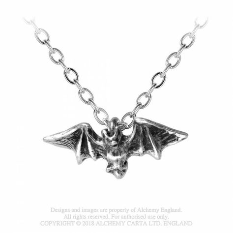 Discreetly tokening the owner's alternative tendencies.A discreet piece baring a classic gothic imageA small pewter flying bat pendant with outstretched wings. Goth Stores, Gothic Images, Bat Pendant, Flying Bat, Gothic Shop, Alchemy Gothic, Pewter Pendant, Goth Jewelry, Gothic Necklace