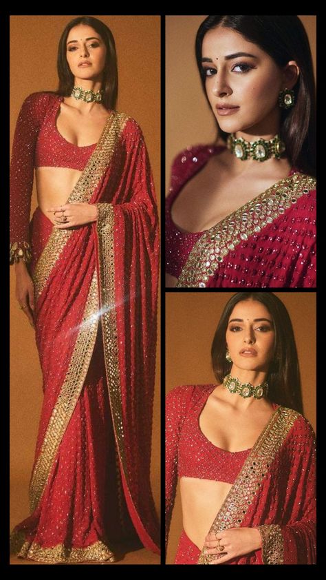 Red Sari Makeup Look, Bright Colour Saree, Indian Outfit Makeup Looks, Saree Street Style, Ananya Pandey Red Saree, North Indian Wedding Guest Saree Look, Farewell Blouse Ideas, Wine Red Saree For Farewell, Red Sari Look