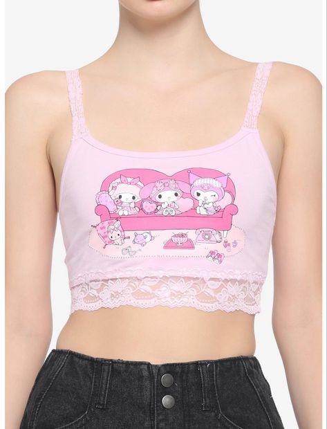 Hello Kitty Crop Top, Kuromi Pink, My Sweet Piano, My Melody Kuromi, Pink Bralette, Crop Top Outfits, Socks And Tights, Kawaii Clothes, Sweaters And Jeans