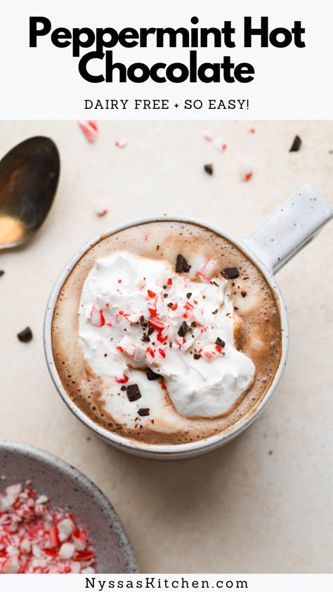 Tis the season for cozy drinks like peppermint hot chocolate! A delicious homemade hot cocoa that's easy to make and so much better than Starbucks. Naturally sweetened and made with your dairy free milk of choice (we love almond and cashew), two kinds of chocolate, and peppermint extract. A delicious holiday treat that's perfect for snowy days inside! Vegan, gluten free, and keto option. Hot Chocolate Vegan, Peppermint Hot Chocolate Recipe, Dairy Free Hot Chocolate, Low Carb Milk, Peppermint Hot Cocoa, Peppermint Extract, Homemade Hot Cocoa, Hot Cocoa Recipe, Cozy Drinks