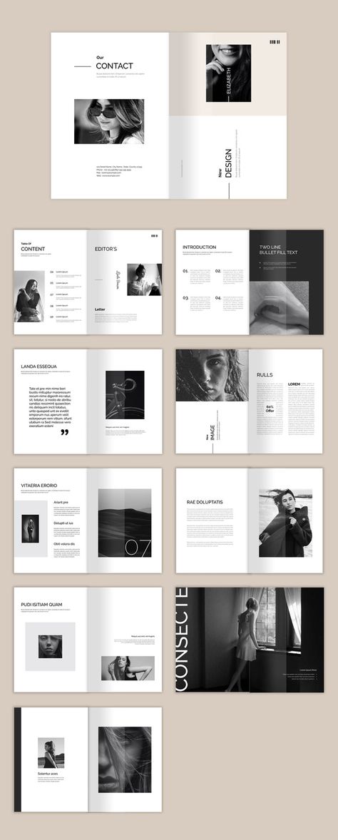 Black & White Magazine InDesign Template by PixWork Black And White Publication Design, Simple Booklet Design, Magazine Layout Design Black And White, Elegant Company Profile, Simple Magazine Design, Text Page Design, Minimal Magazine Design, Elegant Magazine Layout, Black And White Magazine Layout