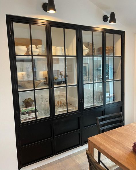 Dawn Oscar on Instagram: “Finally got around to styling the inside of this custom metal cabinet we designed and installed. So much fun taking the home owners…” Hutch In Dining Room, Dining Room Cupboards, Kitchen Display Cabinet, Kitchen Island Bench, Dining Room Hutch, Kitchen Display, Home Owners, Metal Cabinet, Black Kitchen