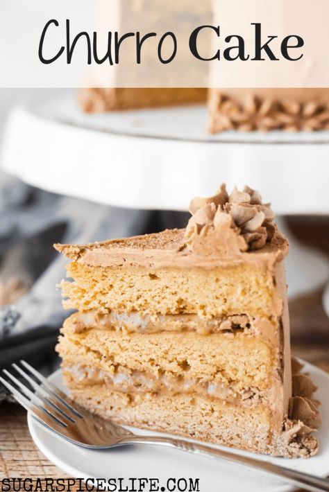 This Churro Cake has soft ,cinnamon cake layers with a rich praline filling, and a buttercream frosting with melted dark and white chocolates mixed in. This is hands down one of the best cakes you will ever eat. #sugarspiceslife #churrocake #churro #spanish #cake #praline #brownbutter #layercake #buttercream #chocolate #cinnamon #dessert Churro Cake Recipe, Churro Desserts, Spanish Cakes, Churros Dessert, Spanish Cake, Churro Cake, Latin Desserts, The Best Cakes, Buttercream Chocolate