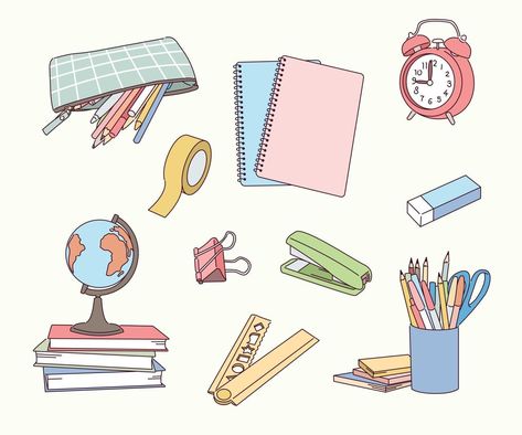 School Suplies, School Cartoon, School Icon, Scrapbook Printing, School Clipart, Object Drawing, Art Drawings Sketches Pencil, Design Illustrations, Stationary School