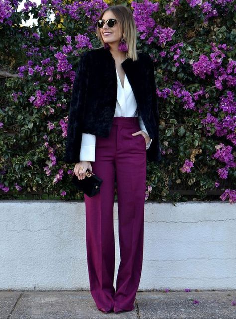 Magenta Dress Pants, Magenta Top Outfit, Magenta Outfits, Magenta Outfit, Light Pink Pants, Color Blocking Outfits, Cool Winter, Color Combinations For Clothes, Purple Pants