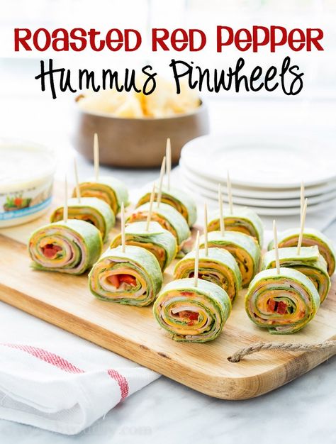 These Roasted Red Bell Pepper Hummus Pinwheels are full of so much flavor and are the perfect appetizer for any game day! Hummus Pinwheels, Halloween Fingerfood, Turkey Pinwheels, Ham And Cheese Roll Ups, Happy Hour Appetizers, Cheese Roll Ups, Pinwheel Sandwiches, Pepper Hummus, Pinwheel Appetizers