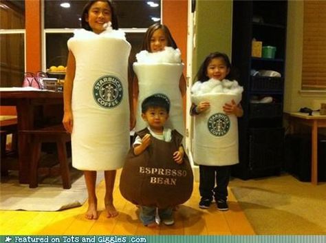 Venti, Grande, and Tall Cappuccinos (and, of course, Li'l Espresso Bean!) - Cheezburger Starbucks Costume, Café Starbucks, Purim Costumes, Teacher Halloween Costumes, Twin Day, Teacher Costumes, Matching Halloween Costumes, Best Friend Halloween Costumes, Starbucks Diy