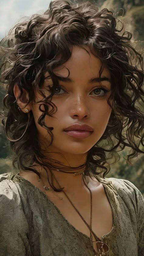 Hair Types Reference, Mixed Woman Face Claim, Spanish Female Models, Female Beauty Aesthetic, Warrior Face Claim, Face Claims Female Brunette Green Eyes, South Asian Character Design, Curly Hair Character Art, Modern Female Character Design