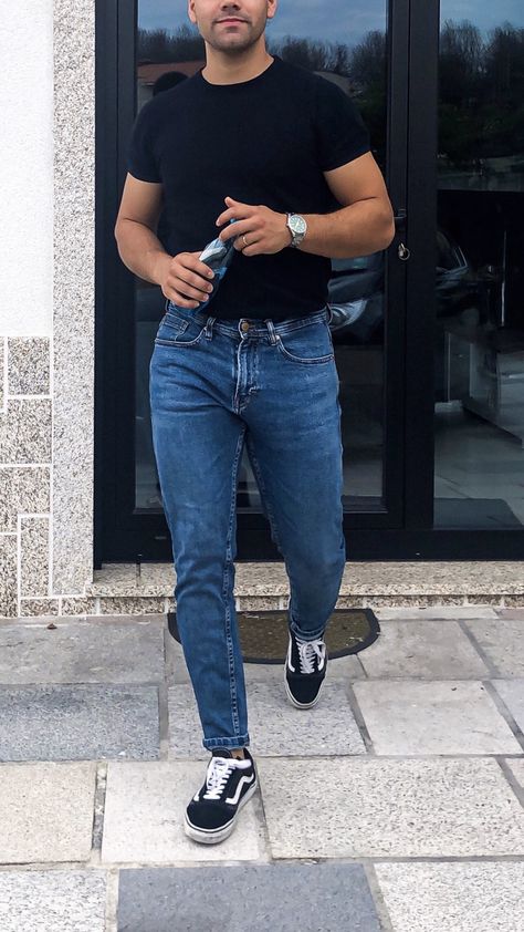 Black Shirt Jeans Outfit Men, Blue Jeans Black Top Outfit Men, Dark Blue Wash Jeans Outfit, Vans With Jeans Outfit, Black Vans Outfit Men, Blue Jeans Black Shoes, Black Shirt Blue Jeans, Dark Denim Jeans Outfit, Choir Outfits