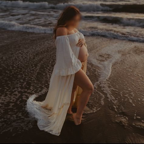 A Cream Flowy Maternity Photo Shoot Dress Cream Maternity Dress, Maternity Outfits For Photoshoot, Beach Mood Board, Maternity Photo Shoot Dress, Maternity Shoot Dresses, Green Lace Maxi Dress, Beach Maternity Shoot, Bohemian Maternity, Beautiful Maternity Dresses