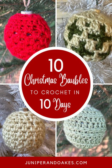 10 Free Christmas Ornament Bauble Crochet Patterns - A Very Bauble Christmas Crochet-A-Long (CAL) — Juniper & Oakes Crochet Holiday Gifts, Crochet Ornaments Free Pattern, Picot Crochet, Crochet Christmas Ornaments Free, Beaded Ornament Covers, Crochet Ornament Patterns, Xmas Baubles, Crochet Ball, Crochet Xmas