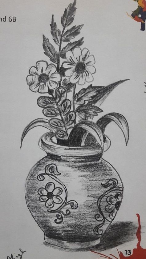 Flower Vase Drawing, Cute Easy Paintings, Shading Drawing, Space Drawings, Pencil Shading, Flower Art Drawing, Art Drawings Sketches Pencil, Mini Drawings, Pencil Art Drawings