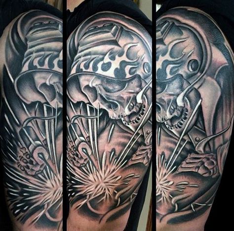 Man With Half Sleeve Skeleton Welding Tattoo Ironworkers Tattoo, Welder Tattoo, Welding Tattoo, Pipeline Welders, Welding Certification, Women Welder, Shielded Metal Arc Welding, Omerta Tattoo, Tree Artwork