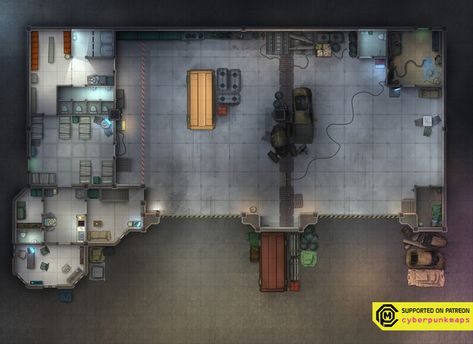 Cyberpunk Hideout, Warehouse Battlemap, Troll Characters, Cyberpunk Office, Nar Shaddaa, Cyberpunk Ttrpg, Cyberpunk Background, Map House, D20 Modern