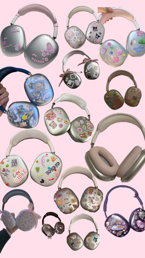 AirPod Max inspo Silver Apple Headphones Aesthetic, Airpod Max Custom, Apple Pro Max Headphones Aesthetic, Decorated Apple Headphones, Headphone Sticker Ideas, Air Pod Max Accessories, Airpods Max Decoration, Airpod Outfits, Apple Airpod Max Aesthetic