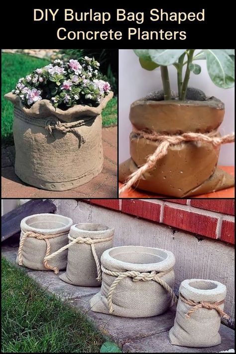 These DIY burlap bag-shaped planters will look good in your garden! Diy Burlap Bags, Concrete Diy Garden, Cement Flower Pots, Diy Concrete Planters, Cement Garden, نباتات منزلية, Cement Diy, Concrete Diy Projects, Diy Burlap