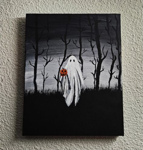 Hand Painted Ghost Forest Painting Holding a Pumpkin - Etsy UK Fall Painting Canvas Ideas, Ghost Rock Painting, Halloween Acrylic Painting Ideas, Simple Fall Paintings, Simple Halloween Paintings On Canvas, Black Canvas Paintings Easy, Spooky Painting Ideas, Ghost Painting Ideas, Blacklight Paint