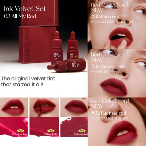 Peripera Lip Tint, Ink Velvet Tint, Red Lip Tint, Lip Tint Colors, Makeup Organizing, Korean Beauty Makeup, Peripera Ink Velvet, Ink Velvet, Korean Lip Tint