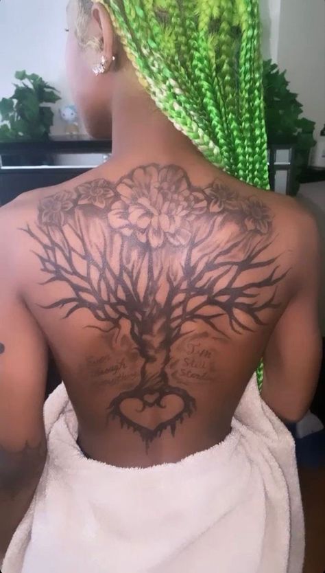 Hang Tattoo Women, Back Tattoo Women Baddie, Black Female Back Tattoos, Locs Tattoo Ink Black Women, Tree Back Tattoo Black Women, Colorful Back Tattoos For Black Women, Black Woman Back Tattoo, Back Tattoo Dark Skin Women, Back Tattoos On Black Women