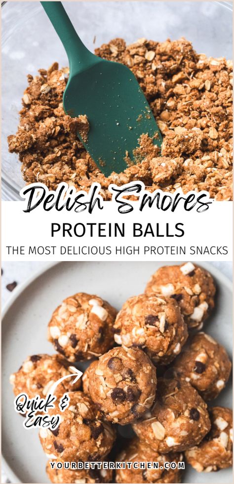 Are you searching for the most delicious protein balls? Try our 7-ingredient, 10-minute, no-bake s'mores protein balls. These healthy desserts are easy to make with protein powder, almond butter, chocolate chips, oats, honey, marshmallows, and graham crackers. They're so tasty, you'll want to make these DIY treats for meal prep or anytime you crave a sweet but less indulgent treat. Visit yourbetterkitchen.com for this and other healthy high-protein snacks. Protein Marshmallow Fluff, Desserts With Protein Powder, Diy Protein Balls, Honey Marshmallows, Healthy 2024, Protein Balls Recipe, Protein Dessert Recipes, Oats Protein, Protein Balls Healthy