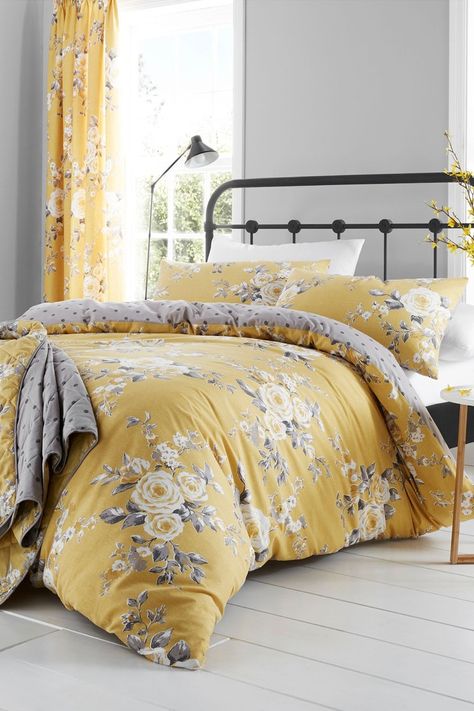 Gray Bedroom Walls, Duvet Covers Yellow, Catherine Lansfield, Yellow Bedding, White Linen Bedding, Yellow Bedroom, Floral Duvet Cover, Floral Duvet, Luxury Bedding Sets