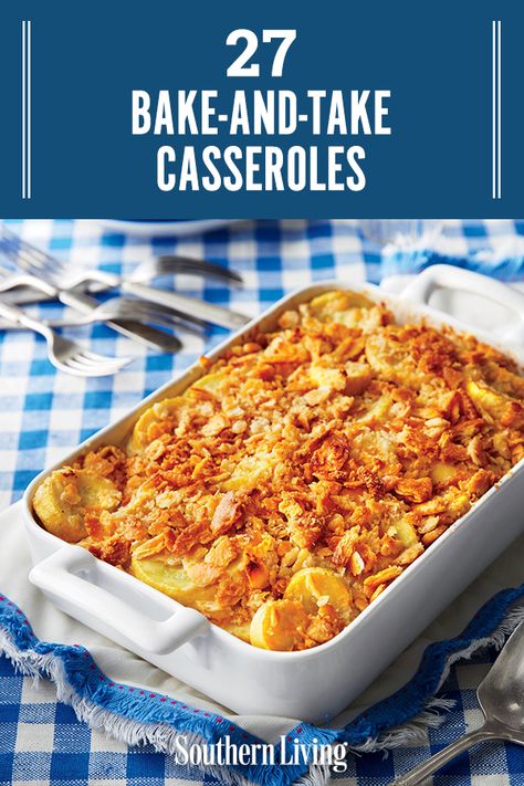 Whether a new neighbor just moved in, or an old neighbor is simply hosting a get-together, a Southerner will respond by bringing over a casserole. Homemade casseroles are comforting and thoughtful, so they’re perfect to bake and take to a friend’s house. #recipes #recipeideas #casserole #casserolerecipes #casseroleideas #southernliving Cold Casseroles For A Crowd, Party Casserole Recipes, Casseroles Without Pasta, Sunday Supper Ideas Comfort Foods, Entree Casserole Recipes, Casserole For Neighbor, Homemade Casserole Recipes, Casseroles For Company, Taste Of Home Casseroles