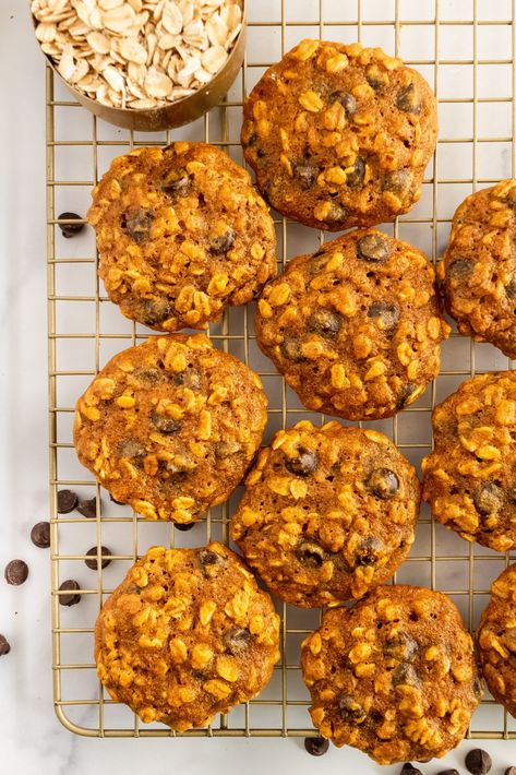 Pumpkin Oatmeal Dark Chocolate Chip Cookies Pumpkin Oat Chocolate Chip Cookies, Paleo Pumpkin Pie Bars, Oat Chocolate Chip Cookies, Oatmeal Pumpkin, Chocolate Chip Oatmeal Cookies, Dark Chocolate Chip Cookies, Pumpkin Oatmeal Cookies, Pumpkin Cookie Recipe, Healthy Chocolate Chip Cookies