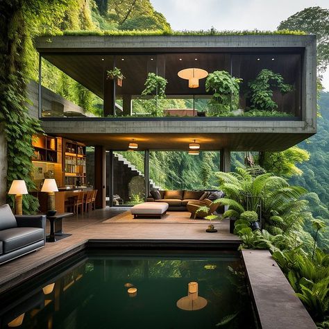 Jungle House, Tropical Architecture, Concrete House, Green Architecture, Tropical House, House Outside Design, Architect House, Luxury Homes Dream Houses, Design Del Prodotto