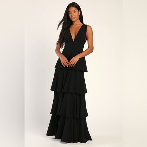 Lulus-Amazing Evening Black Tiered Maxi Dress (Medium & Large) Dress Wedding Party, Lulus Dresses, Tiered Maxi Skirt, Maxi Dress Wedding, Floral Print Maxi, Satin Maxi Dress, Tiered Maxi Dress, Ruffled Maxi Dress, Lulu Dresses