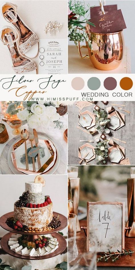 A lovely color pallet for your mountain wedding! My Big Day Event Planning & Marketing - Serving Northern CO, Wyoming, Colorado Mountains, and the Front Range www.mybigdaycompany.com   #Colorado #wedding  #events #unique #creative #mountain #eventplanner #colors #silver #sage #copper Copper Wedding Color Schemes, Copper Wedding Color Palette, Wedding Cake Chic, Copper Wedding Theme, Copper Wedding Colors, Copper Wedding Decor, Metallic Palette, Copper Ideas, Redwoods Wedding