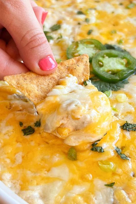 This cheesy hot corn dip recipe combines cream cheese, corn, and other simple ingredients for an easy appetizer perfect for game day or parties. A real crowd pleaser! Corn Cream Cheese Dip, Cheesy Hot Corn Dip, Hot Corn Dip Recipe, Hot Cheese Dip Recipes, Cheesy Corn Dip, Corn Dip Recipe, Southern Appetizers, Mexican Corn Dip, Cheese Dip Mexican